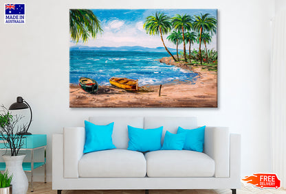 Boats near Tropical Island Beach with Palms Painting Wall Art Limited Edition High Quality Print