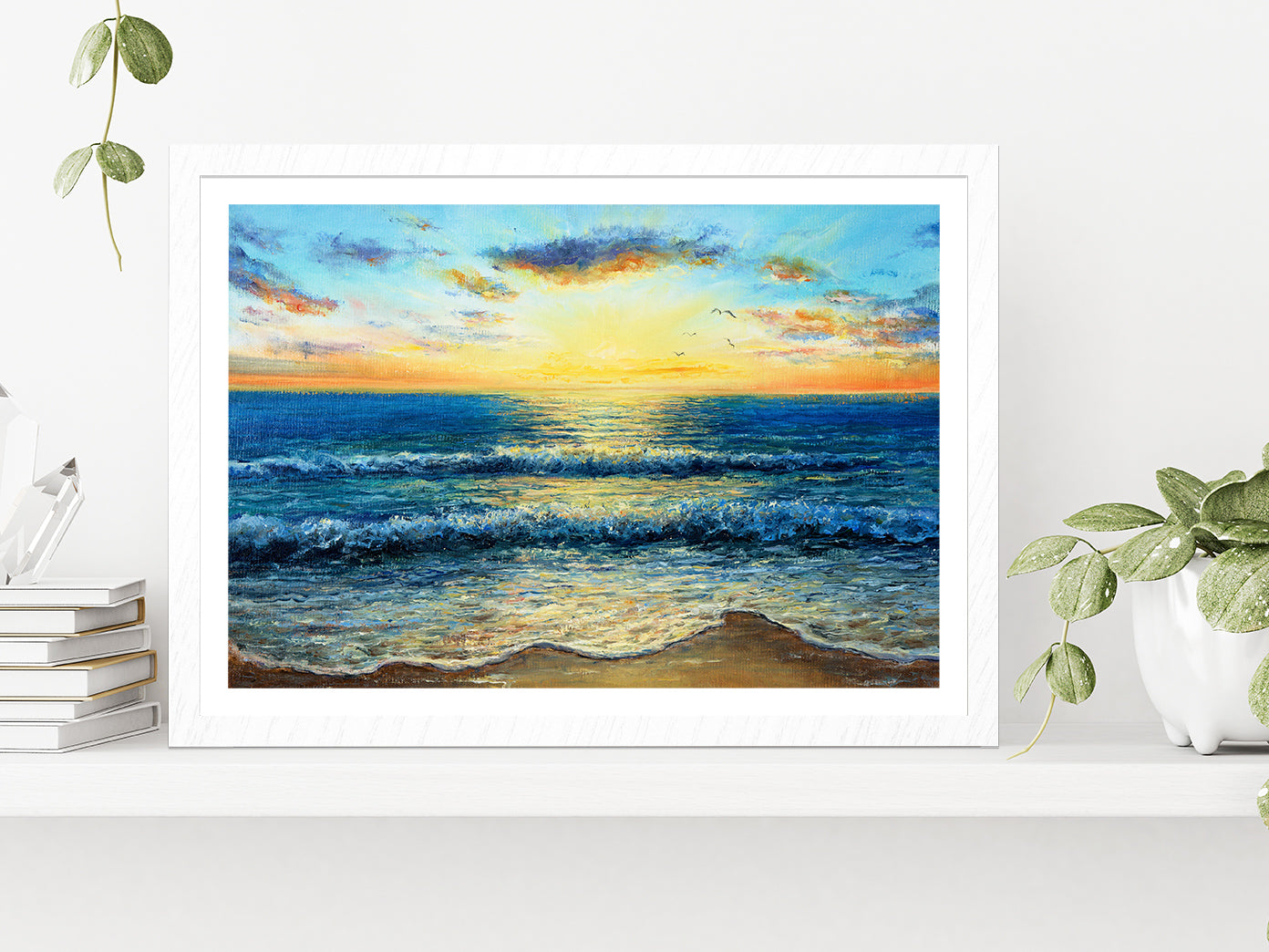 Waves In Sea & Sunset Over The Beach Glass Framed Wall Art, Ready to Hang Quality Print With White Border White