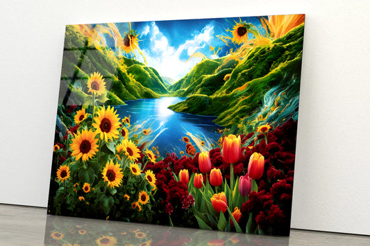Field of Colorful Flowers under a Blue Sky with Clouds Acrylic Glass Print Tempered Glass Wall Art 100% Made in Australia Ready to Hang