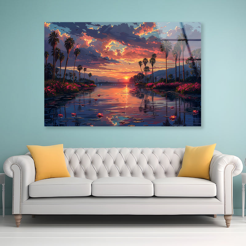 Lake Surrounded By Trees and Flowers Acrylic Glass Print Tempered Glass Wall Art 100% Made in Australia Ready to Hang - Bella Home Decor