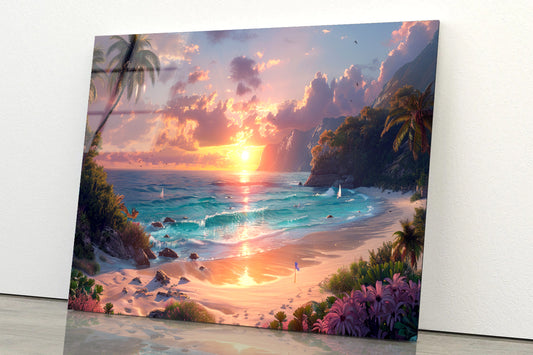 Beach Painting With Palm Trees and a Stunning Sunset Acrylic Glass Print Tempered Glass Wall Art 100% Made in Australia Ready to Hang