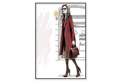 Modern Girl with Her Red Coat Wall Art Limited Edition High Quality Print Canvas Box Framed Black