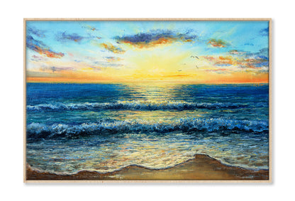 Waves In Sea & Sunset Over The Beach Oil Painting Wall Art Limited Edition High Quality Print Canvas Box Framed Natural