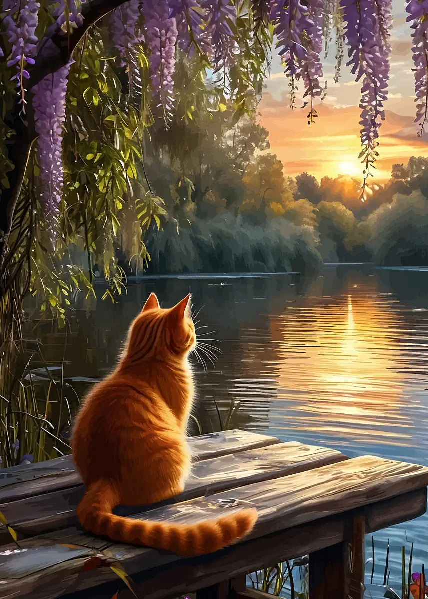 Orange Cat On Pier Lake Sunset 60x90cm Metal Print Ready to Hang - Bella Home Decor