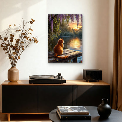 Orange Cat On Pier Lake Sunset 60x90cm Metal Print Ready to Hang - Bella Home Decor