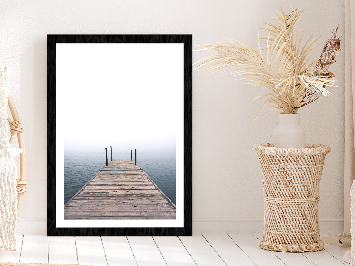 Wooden Pier on Lake Photograph Glass Framed Wall Art, Ready to Hang Quality Print With White Border Black