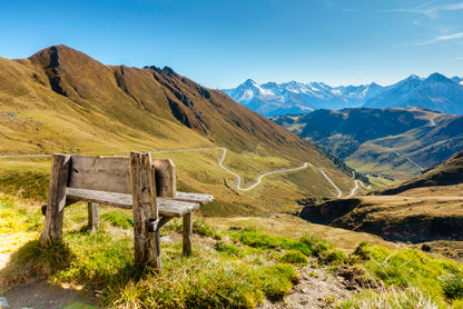 Bench Overlooking a Valley with Grass & Mountains Home Decor Premium Quality Poster Print Choose Your Sizes