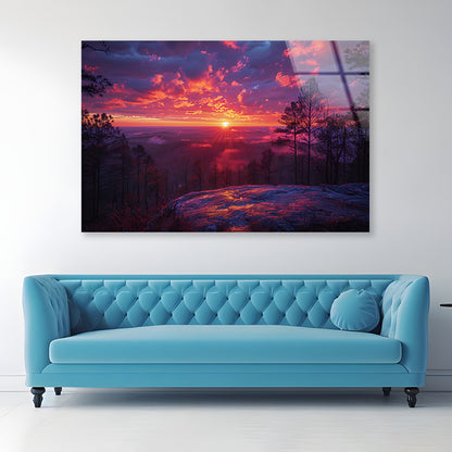 Sunset in the Mountains, Trees Acrylic Glass Print Tempered Glass Wall Art 100% Made in Australia Ready to Hang - Bella Home Decor