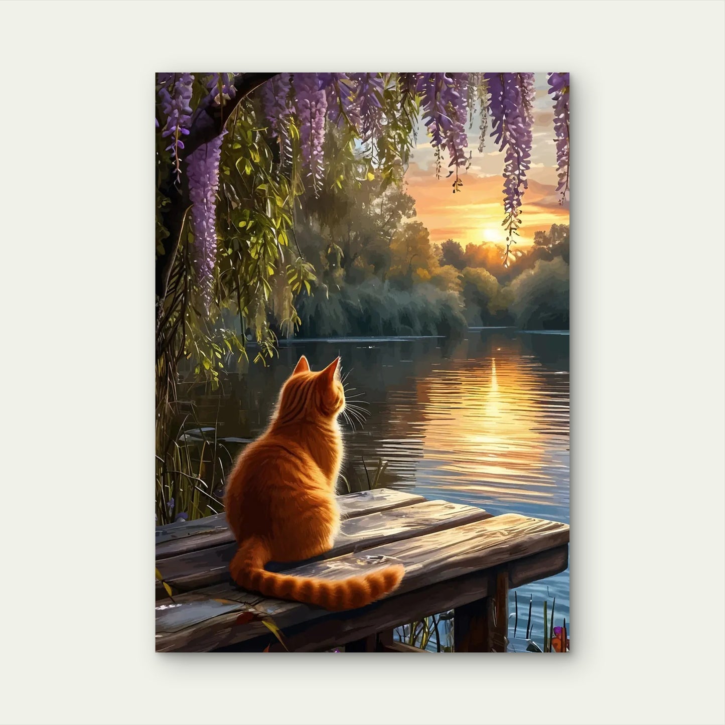 Orange Cat On Pier Lake Sunset 60x90cm Metal Print Ready to Hang - Bella Home Decor