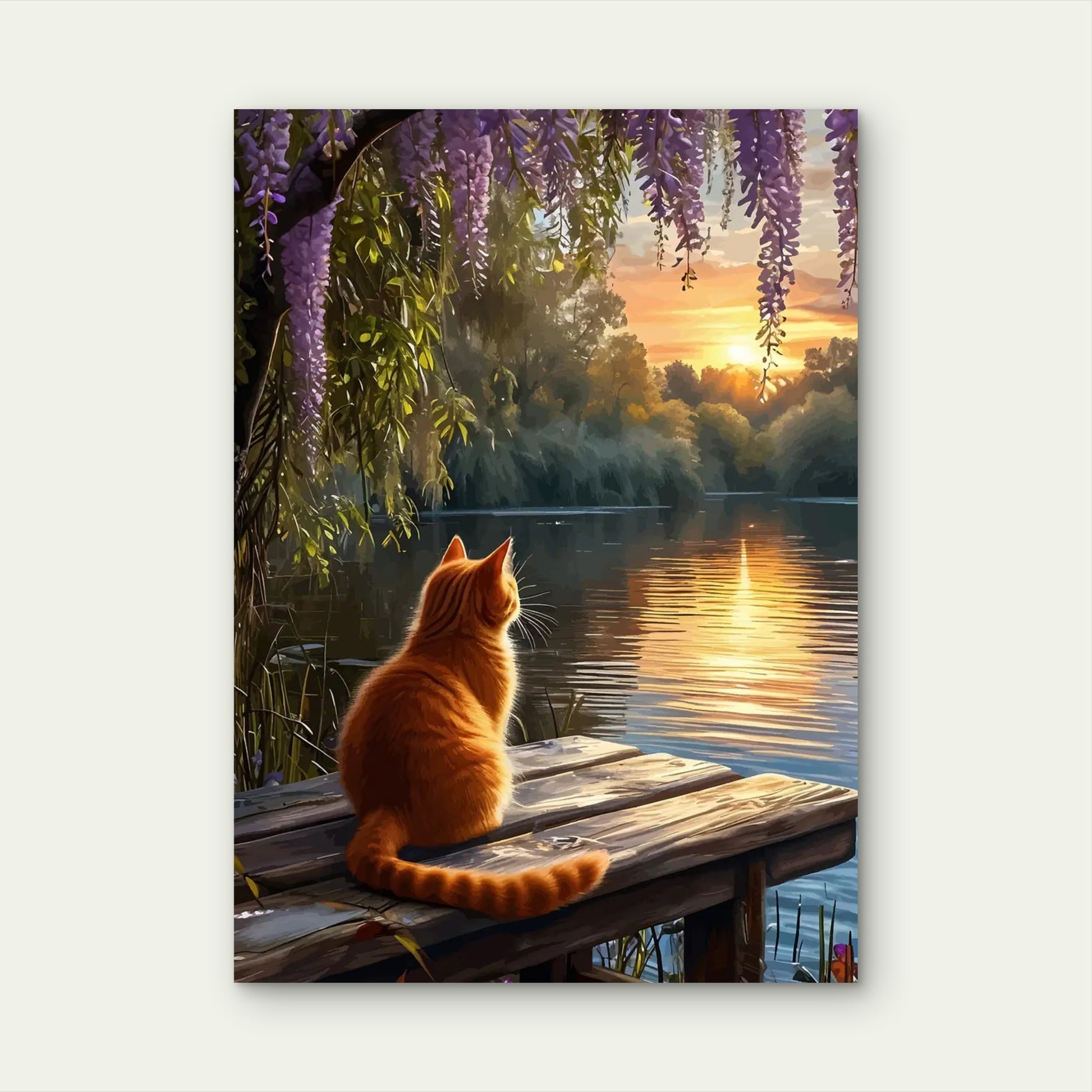 Orange Cat On Pier Lake Sunset 60x90cm Metal Print Ready to Hang - Bella Home Decor