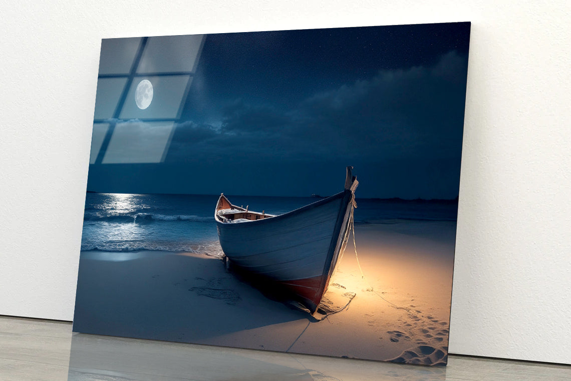 Boat on the Beach in the Night Acrylic Glass Print Tempered Glass Wall Art 100% Made in Australia Ready to Hang - Bella Home Decor