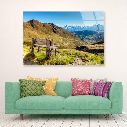 Bench Overlooking a Valley with Grass & Mountains Acrylic Glass Print Tempered Glass Wall Art 100% Made in Australia Ready to Hang