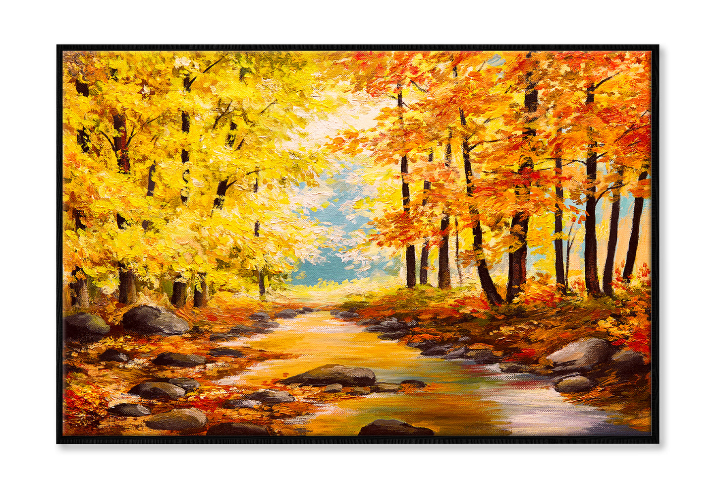 Autumn Trees In Forest With River Oil Painting Wall Art Limited Edition High Quality Print Canvas Box Framed Black