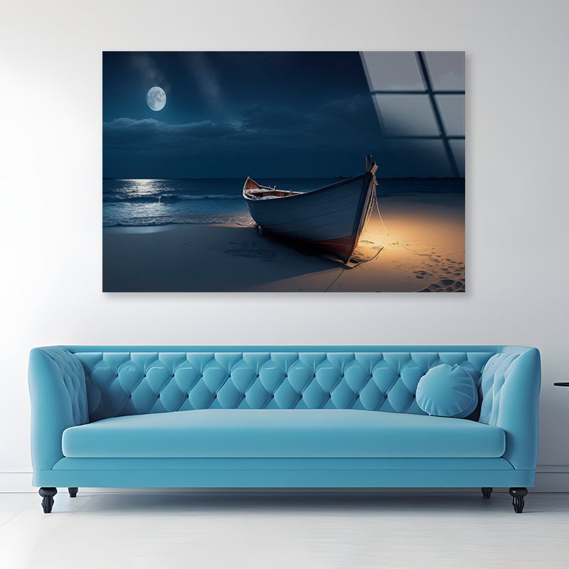 Boat on the Beach in the Night Acrylic Glass Print Tempered Glass Wall Art 100% Made in Australia Ready to Hang - Bella Home Decor