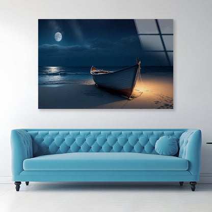 Boat on the Beach in the Night Acrylic Glass Print Tempered Glass Wall Art 100% Made in Australia Ready to Hang - Bella Home Decor