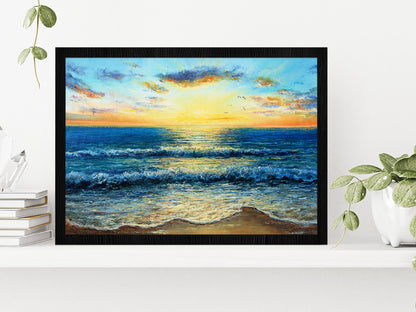 Waves In Sea & Sunset Over The Beach Glass Framed Wall Art, Ready to Hang Quality Print Without White Border Black