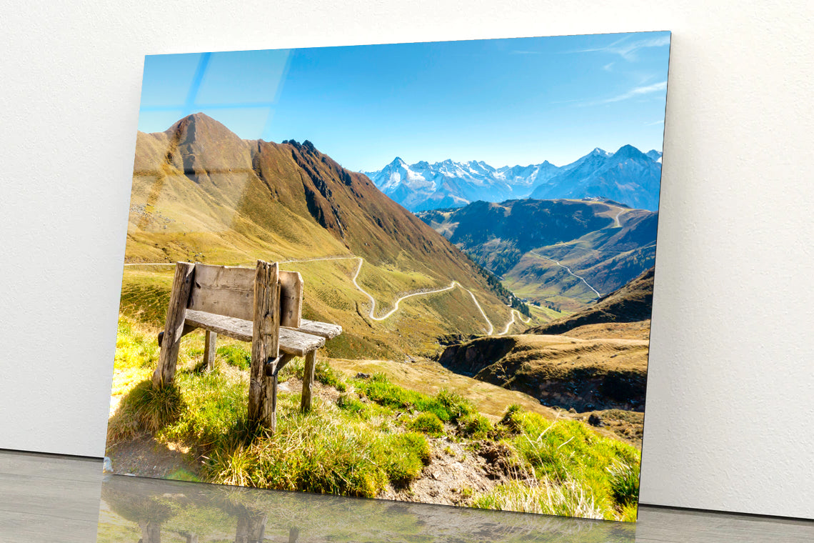 Bench Overlooking a Valley with Grass & Mountains Acrylic Glass Print Tempered Glass Wall Art 100% Made in Australia Ready to Hang