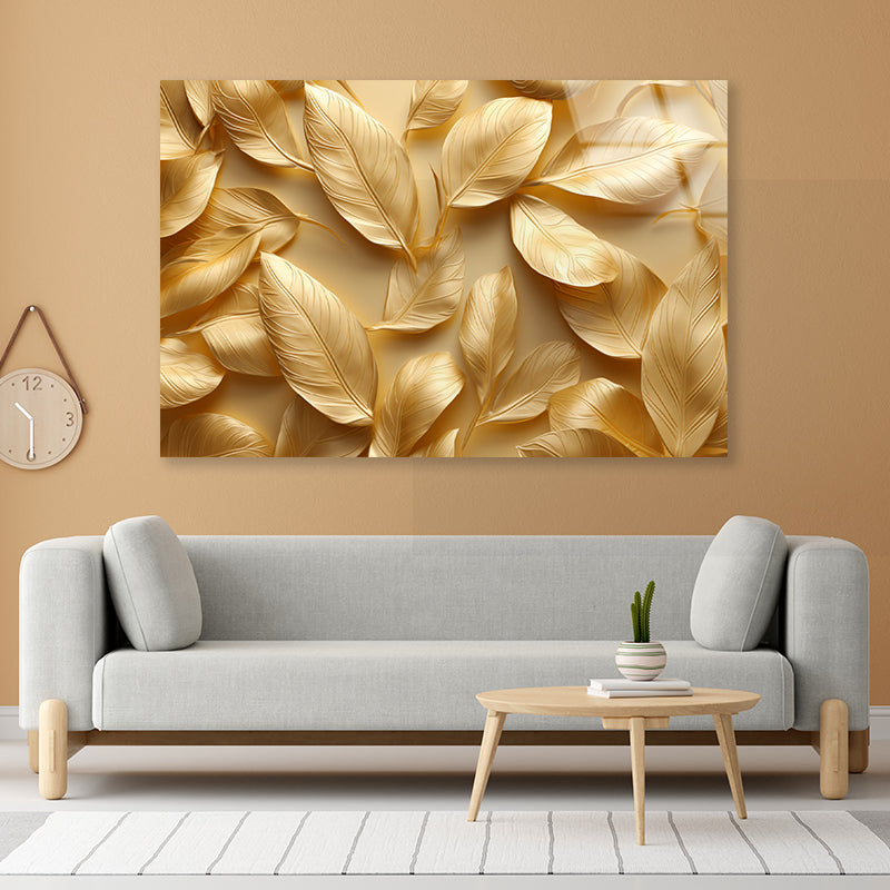 Collection of Golden Leaves Acrylic Glass Print Tempered Glass Wall Art 100% Made in Australia Ready to Hang - Bella Home Decor