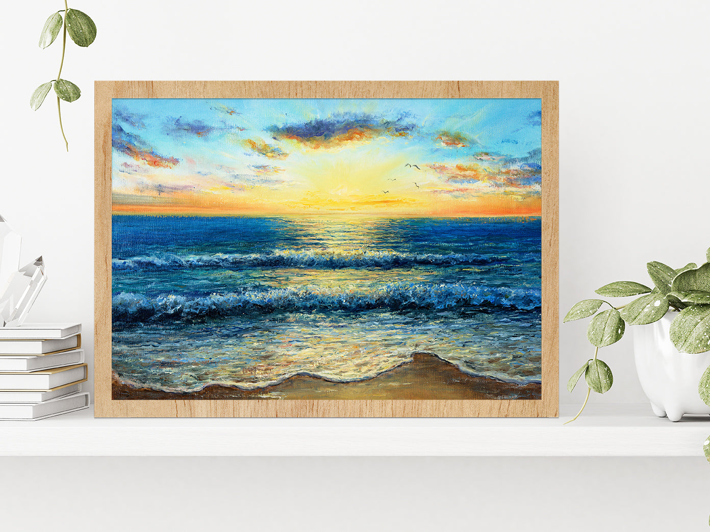 Waves In Sea & Sunset Over The Beach Glass Framed Wall Art, Ready to Hang Quality Print Without White Border Oak