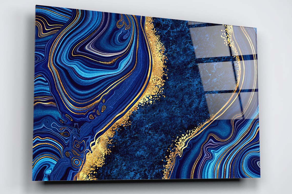 Blue & Gold Abstract Art Marble Acrylic Glass Print Tempered Glass Wall Art 100% Made in Australia Ready to Hang