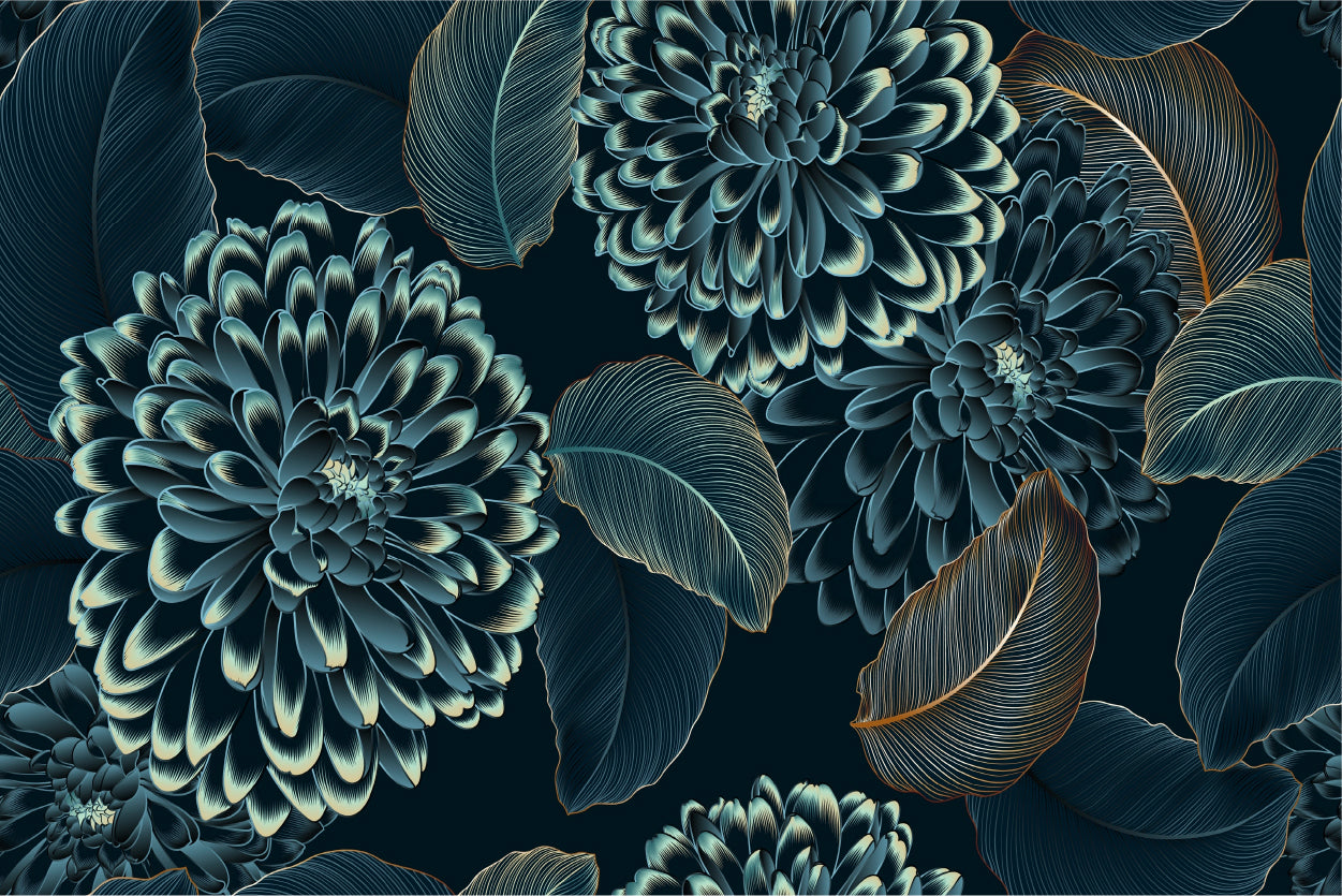 Luxury Blue Gold Floral Seamless Pattern Wall Art Decor 100% Australian Made