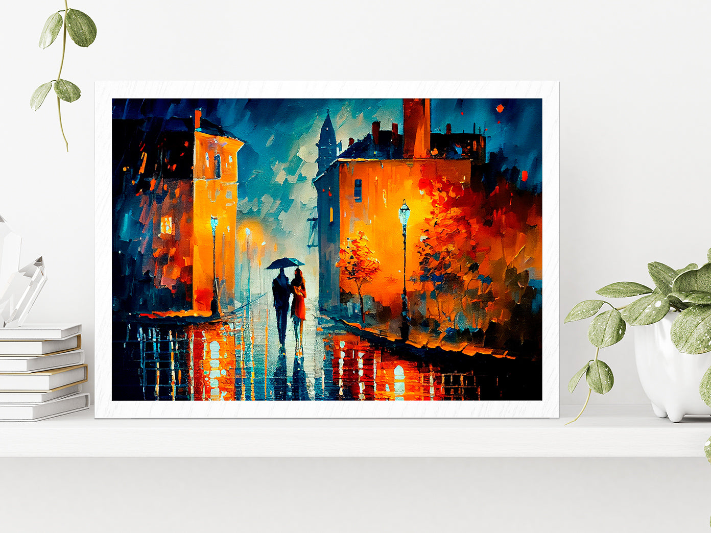 Street View Of Cityscape With Couple Glass Framed Wall Art, Ready to Hang Quality Print Without White Border White