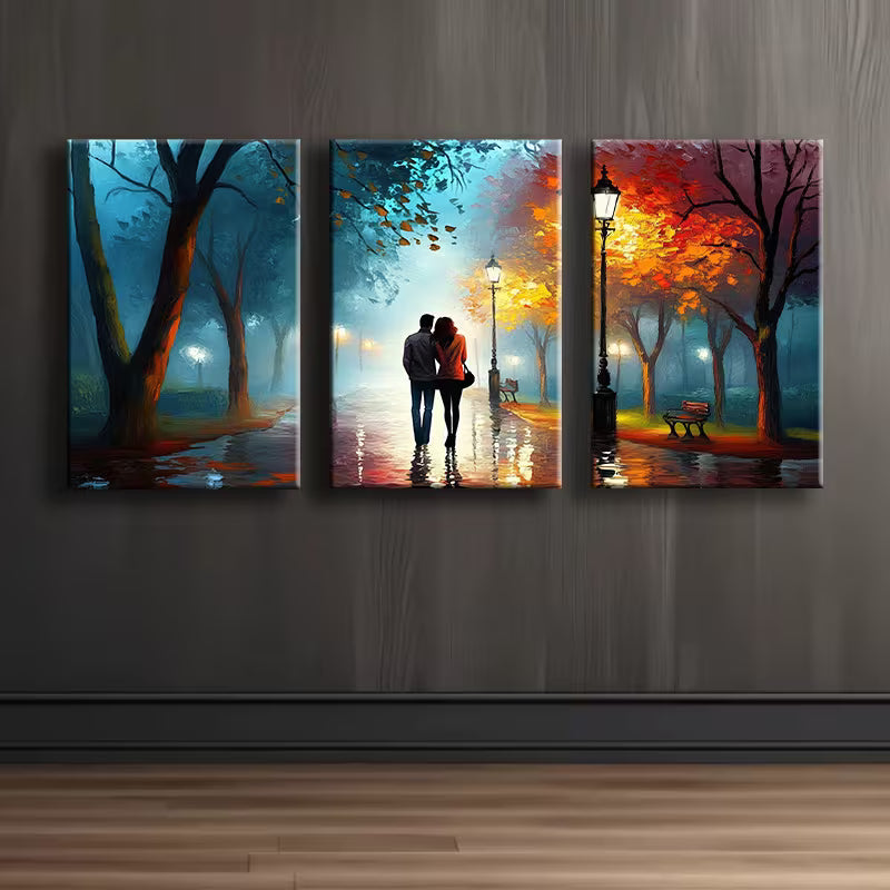3pcs Lovers taking a walk Illustration Wall Art Set Canvas Framed 40x60cm - High Quality Print 100% Australian Made Wall Canvas Ready to Hang