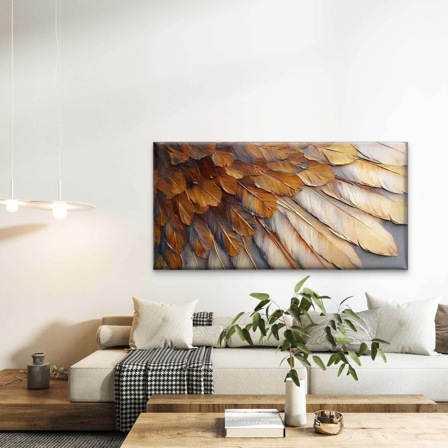 Golden Brown Feather Texture Wall Art Canvas Office Home Room Framed 120x60cm - Bella Home Decor