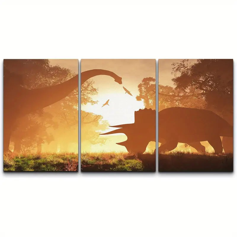 3pcs Dinosaurs In Prehistoric Jungle In The Sunset Metal Print Ready to Hang Art - Bella Home Decor
