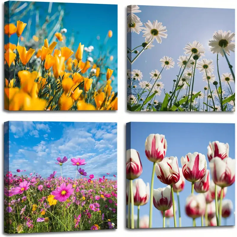 4pcs Colorful Flowers Artwork Painting Wall Art Canvas Framed