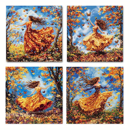 4pcs Dancing Woman In Yellow Dress With Autumn Wall Art Canvas Framed
