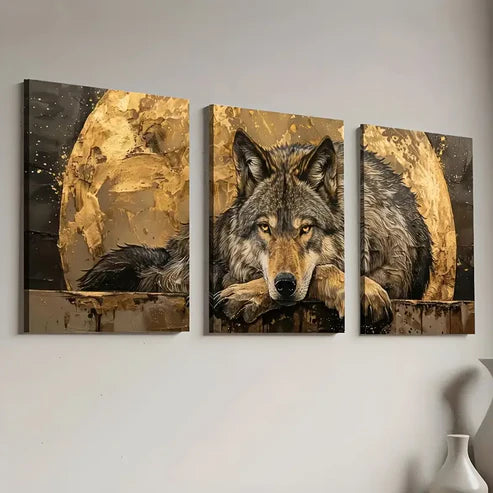 3pcs Light Luxury Modern Golden Wolf Animal Wall Art Set Canvas Framed 60x90cm - High Quality Print 100% Australian Made Wall Canvas Ready to Hang