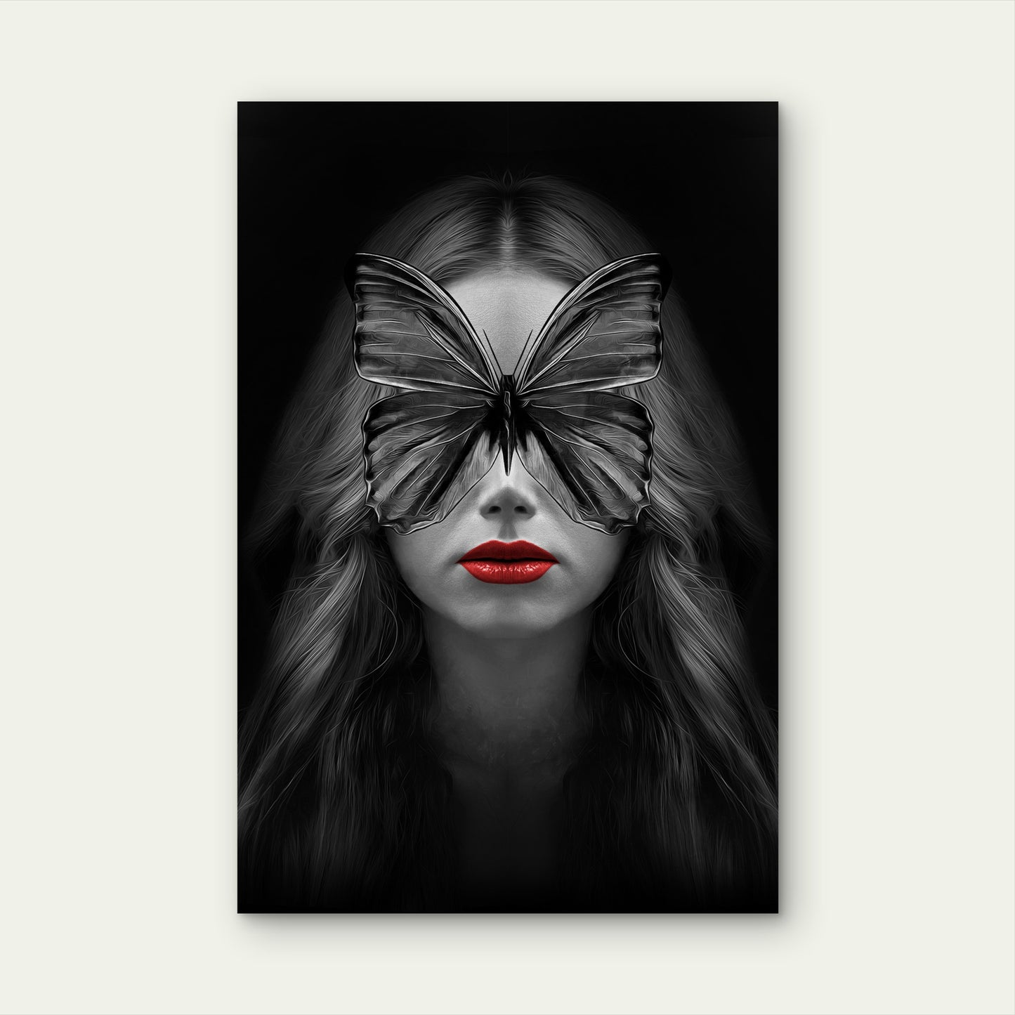 Gothic Woman Red Lips Black Butterfly 40x60cm Metal Print Ready to Hang
