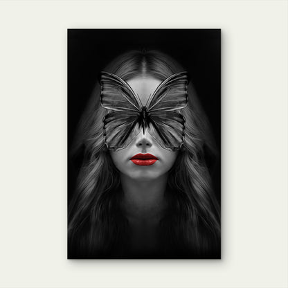 Gothic Woman Red Lips Black Butterfly 40x60cm Metal Print Ready to Hang
