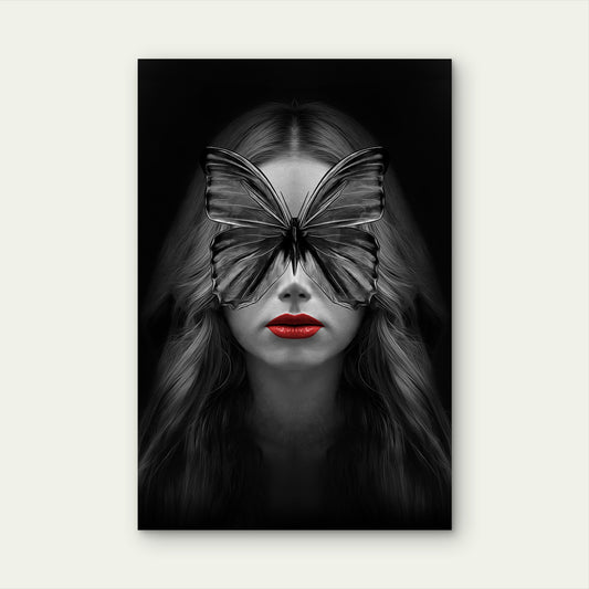 Gothic Woman Red Lips Black Butterfly 40x60cm Metal Print Ready to Hang