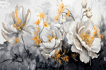 Black Golden Touched White Flowers Wall Art Decor 100% Australian Made