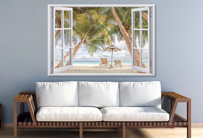 Beach Scenery Palms and Sun Beds with Window Print 100% Australian Made