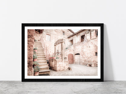 Antique Well San Quirico D'orcia Town Faded View Glass Framed Wall Art, Ready to Hang Quality Print With White Border Black