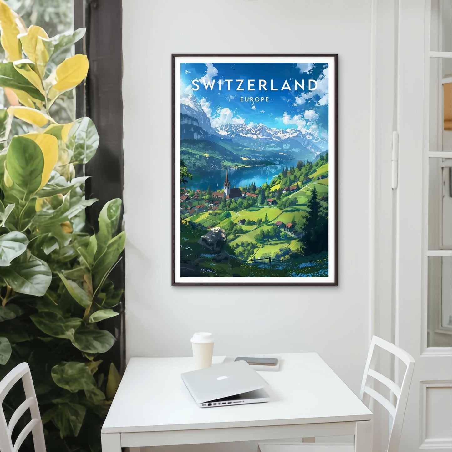 Switzerland Geneva Lake & Swiss Alps Vibrant European Mountain Travel Poster Print Wall Art