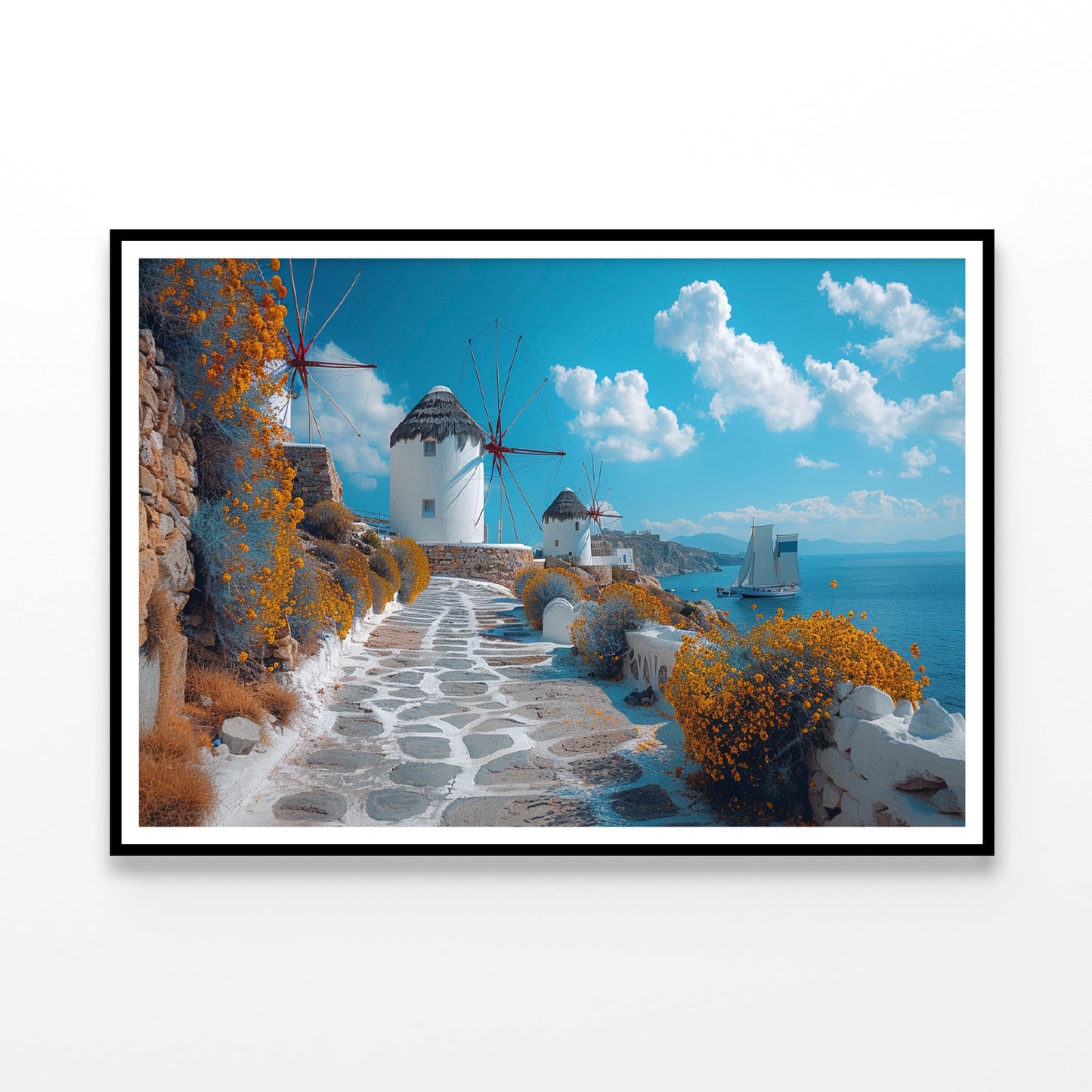 Path with a Boat & Buildings in Greece Home Decor Premium Quality Poster Print Choose Your Sizes