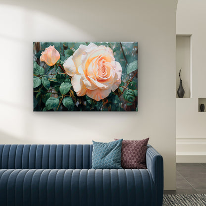 Creamy Apricot-Hued Rose in Full Bloom Oil Painting Wall Art Decor 100% Australian Made