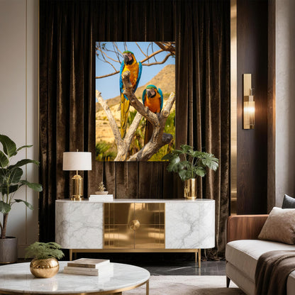 Blue and Yellow Macaw Parrots on Branch 40x60cm Metal Print Ready to Hang