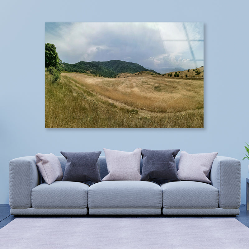 View Of a Grassy Field with Hills, Clear Sky & Clouds Acrylic Glass Print Tempered Glass Wall Art 100% Made in Australia Ready to Hang