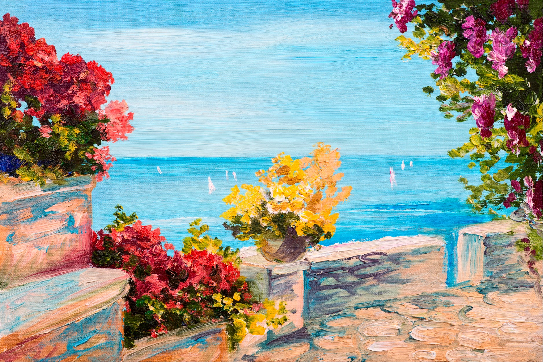 Terrace Near The Sea & Flowers Glass Framed Wall Art, Ready to Hang Quality Print