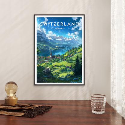 Switzerland Geneva Lake & Swiss Alps Vibrant European Mountain Travel Poster Print Wall Art