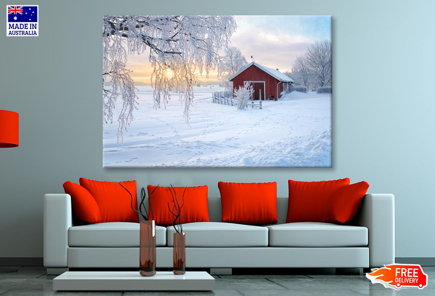 Winter View Of a Red Barn at Sunset in Rusko, Finland Wall Art Decor 100% Australian Made