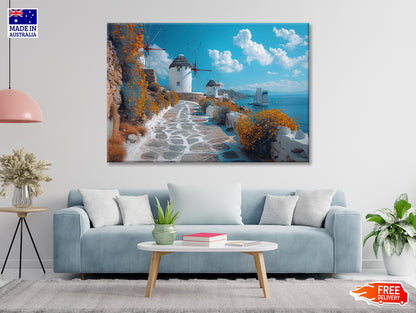 Path with a Boat & Buildings in Greece Print 100% Australian Made - Bella Home Decor