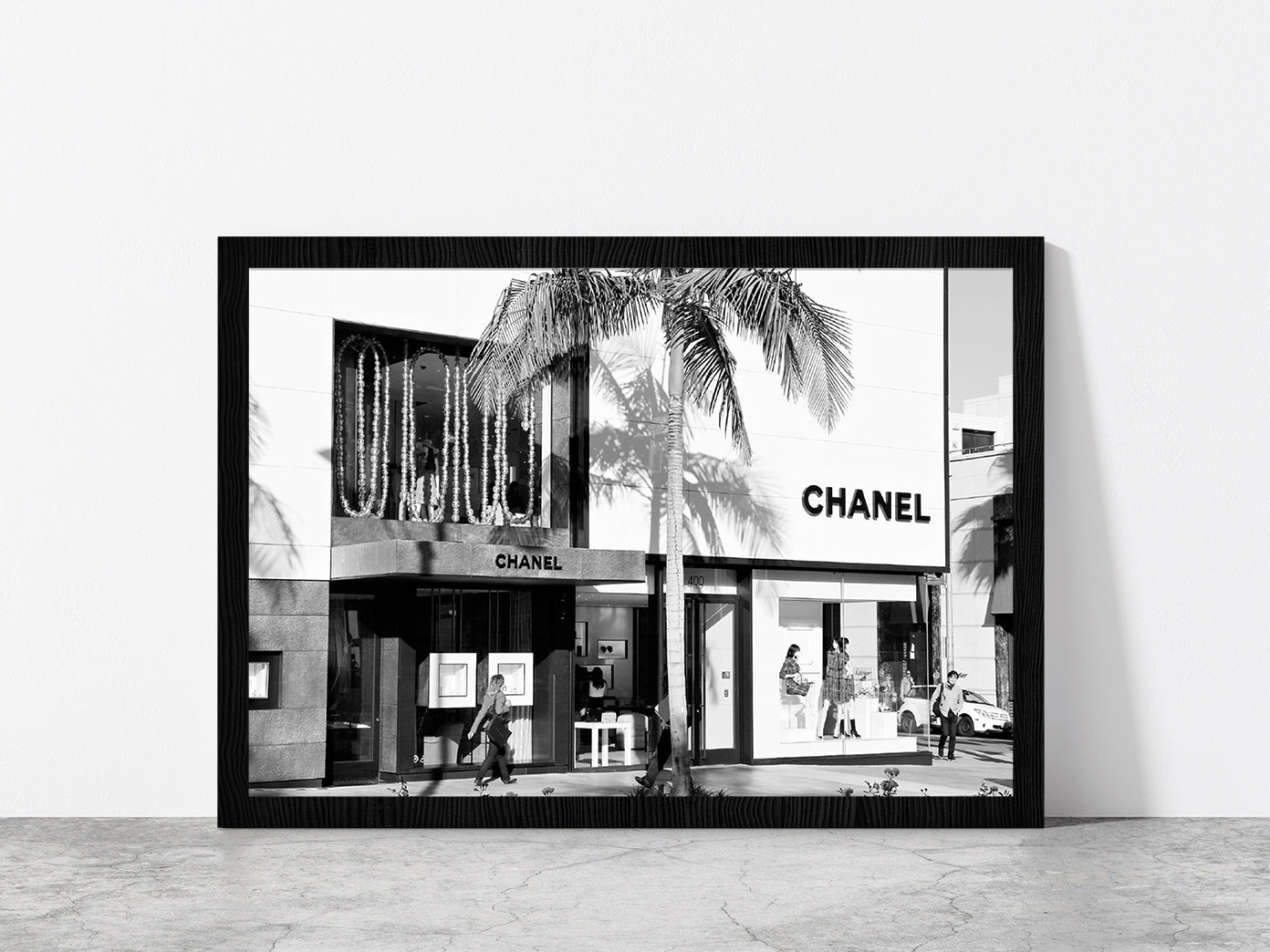 Palm Tree & People near Fashion Store Photograph Glass Framed Wall Art, Ready to Hang Quality Print Without White Border Black