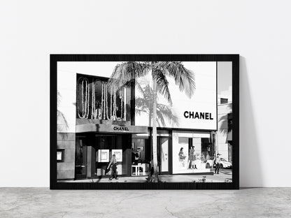 Palm Tree & People near Fashion Store Photograph Glass Framed Wall Art, Ready to Hang Quality Print Without White Border Black
