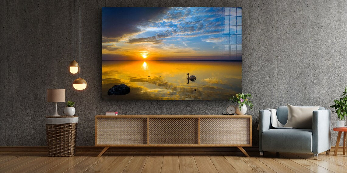 Swan on Lake Sunset UV Direct Aluminum Print Australian Made Quality